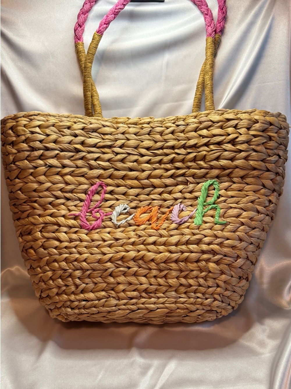 Beach Tote Straw Bag with Multicolor 'Beach' Embroidery